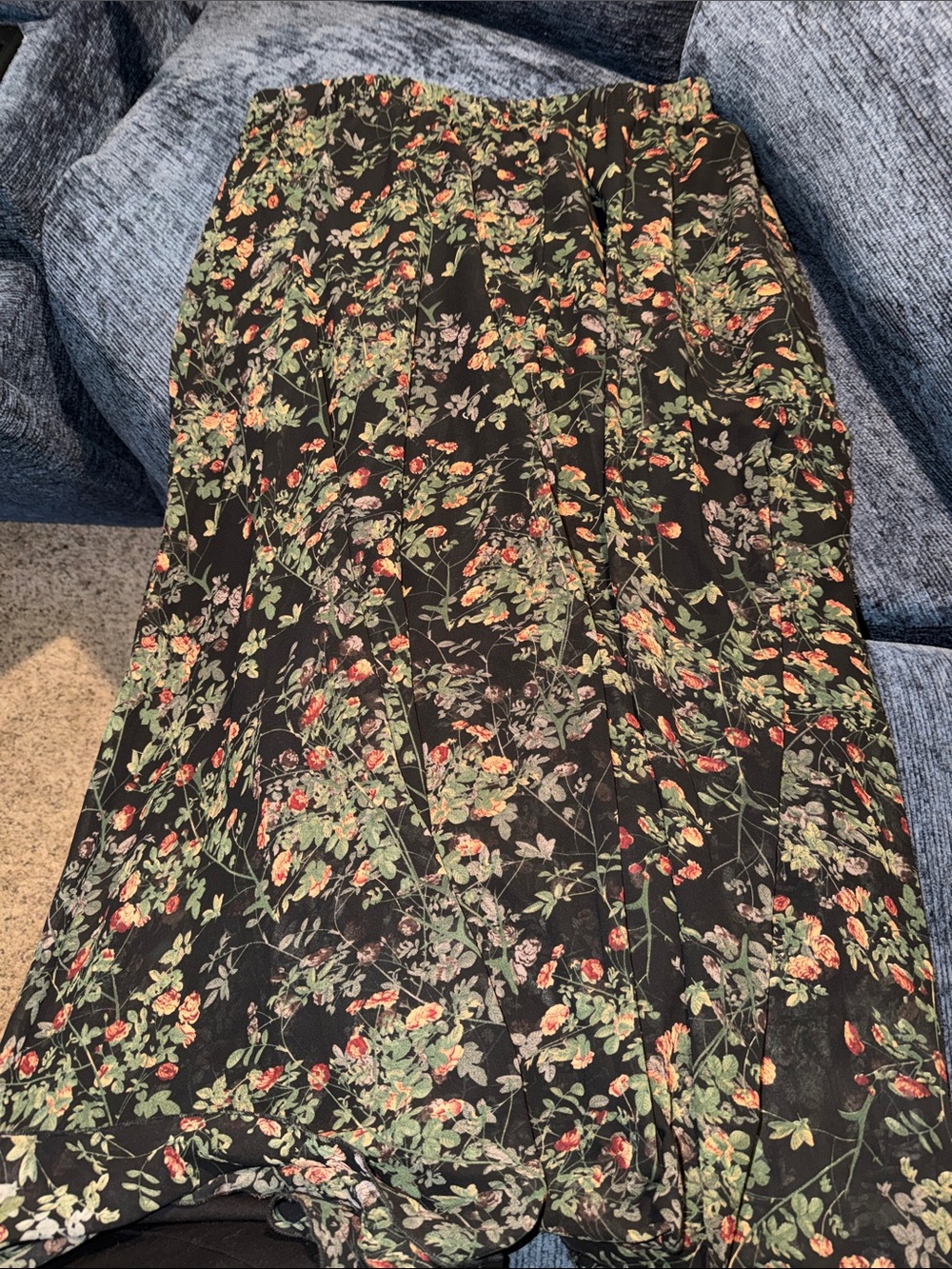 Black Floral Maxi Skirt with Green & Pink Botanical Print